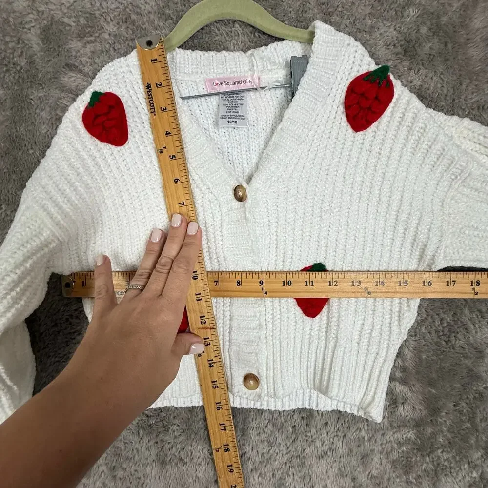 NWT Strawberry Embroider Ribbed White Cardigan Sweater Love Squared Girls 10 12